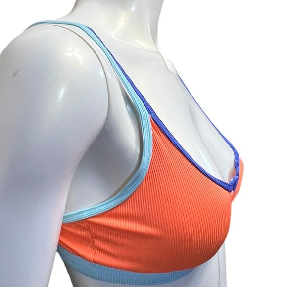 Color Block Bikini Top Orange Blue Retro V-Cut Athletic Swim Medium Ribbed - Picture 4 of 16